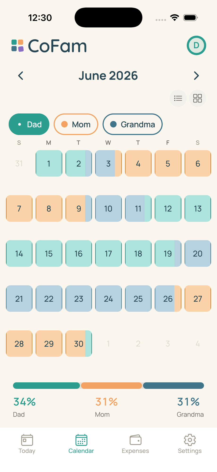 CoFam Calendar tab, June 2026 month grid with three members and proportional overnight color fills, plus a live time-share percentage bar
