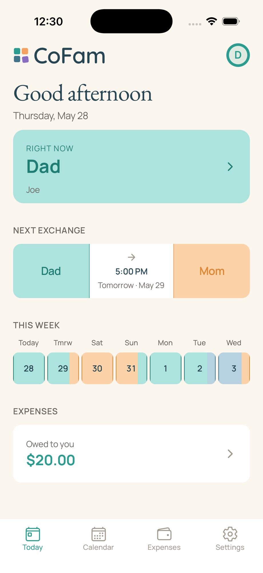 CoFam Today tab, RIGHT NOW card with the current caregiver, NEXT EXCHANGE with the upcoming handoff, THIS WEEK strip with color-coded nights